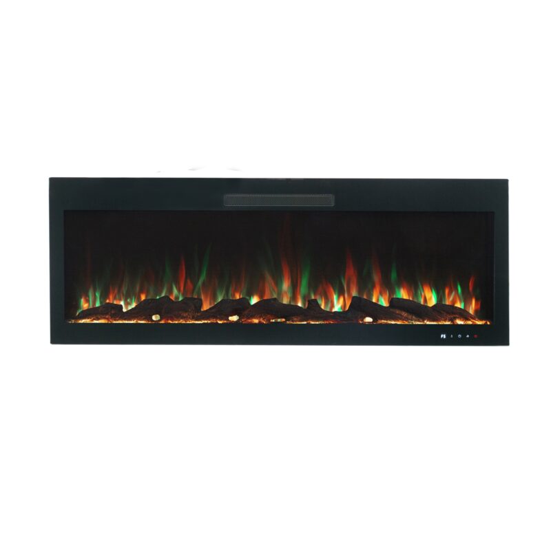 Chimenea eléctrica moderna con llamas coloridas.