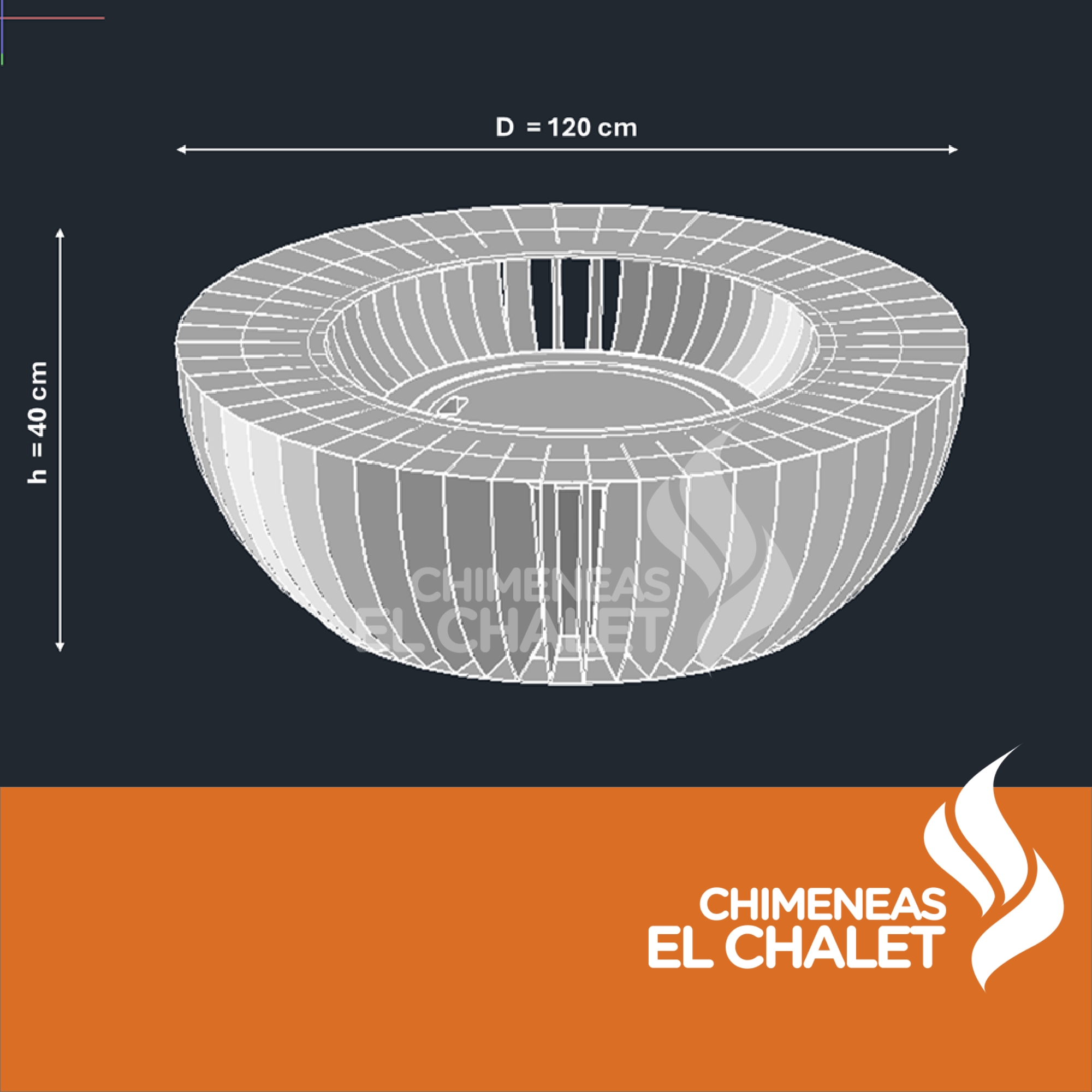 Diseño técnico de chimenea circular, dimensiones detalladas.