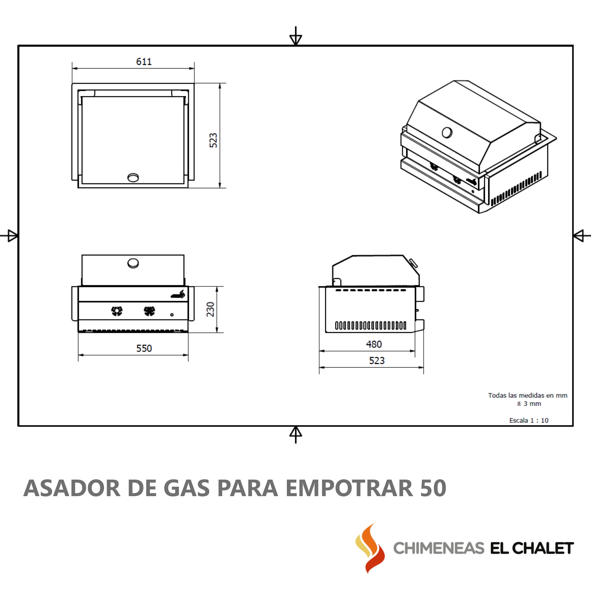 Diagrama técnico de asador de gas empotrable.