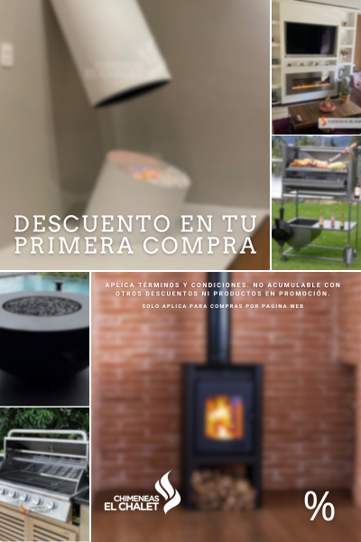 Anuncio de descuento para chimeneas, interiores modernos.