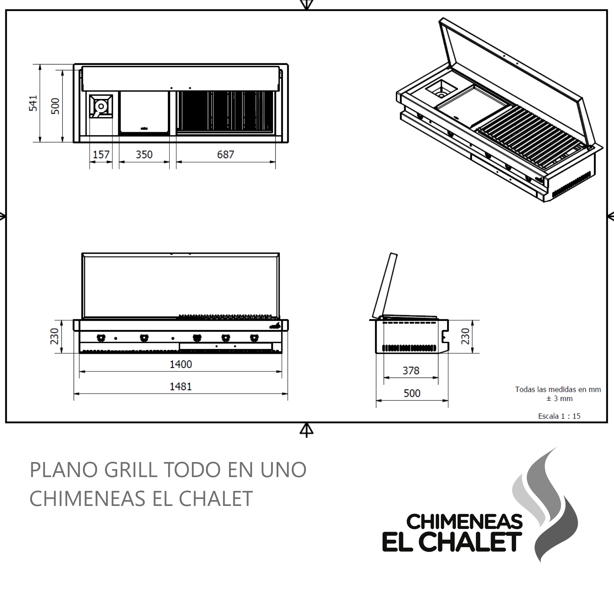 Diagrama de diseño técnico de parrilla multifuncional.