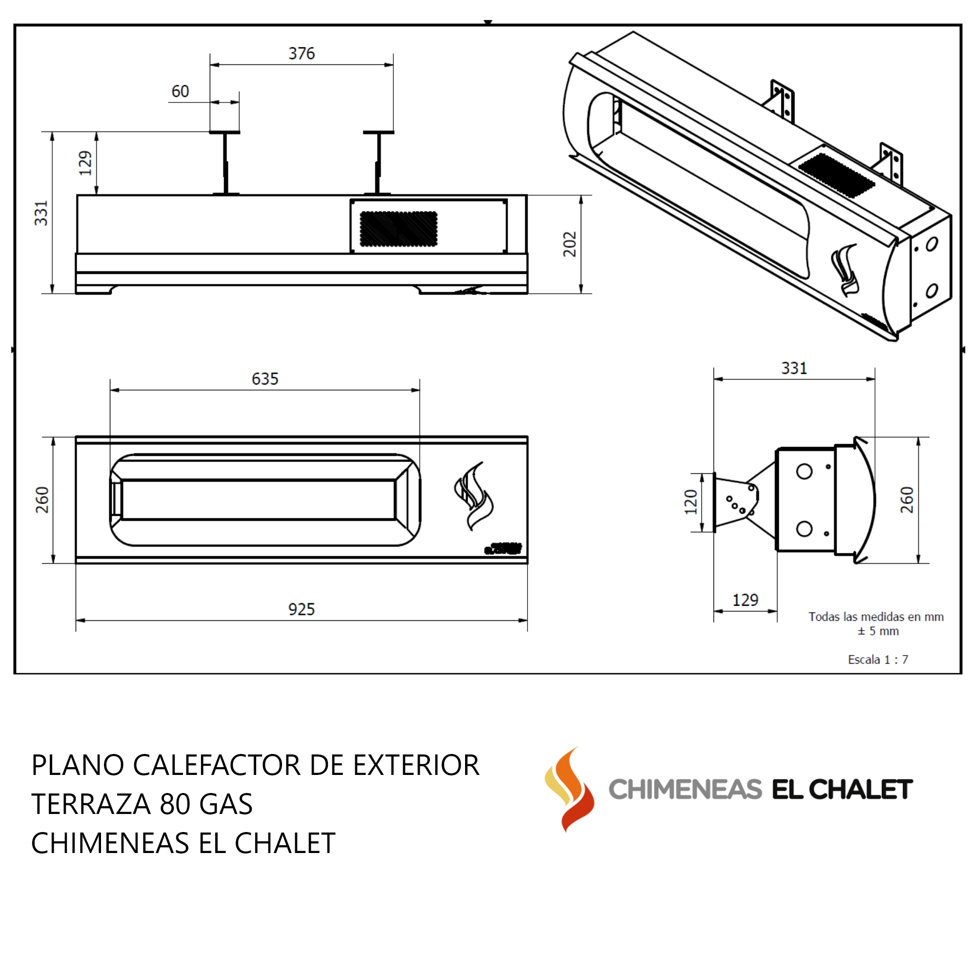 Diagrama técnico de calefactor de gas para exteriores.